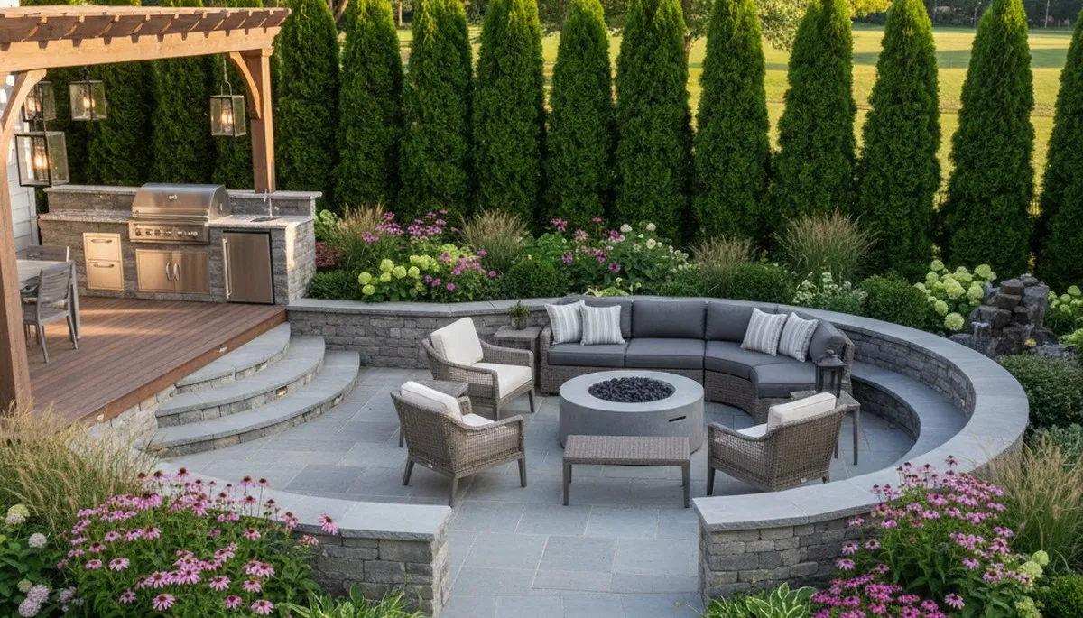Backyard patio landscape with lighting and seating by professional landscapers in Baltimore, MD