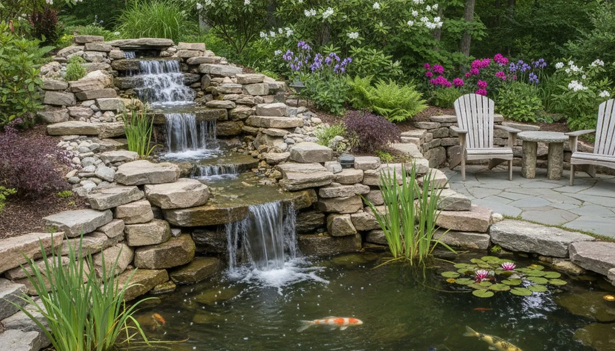Natural stone waterfall and pond backyard landscaping design in Delmar, DE by Baltimore MD landscape experts