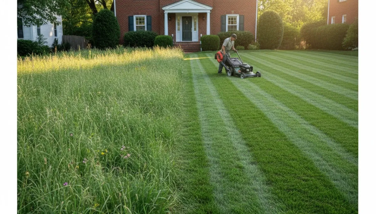 Before and after lawn mowing showing professional yard transformation in Baltimore, MD