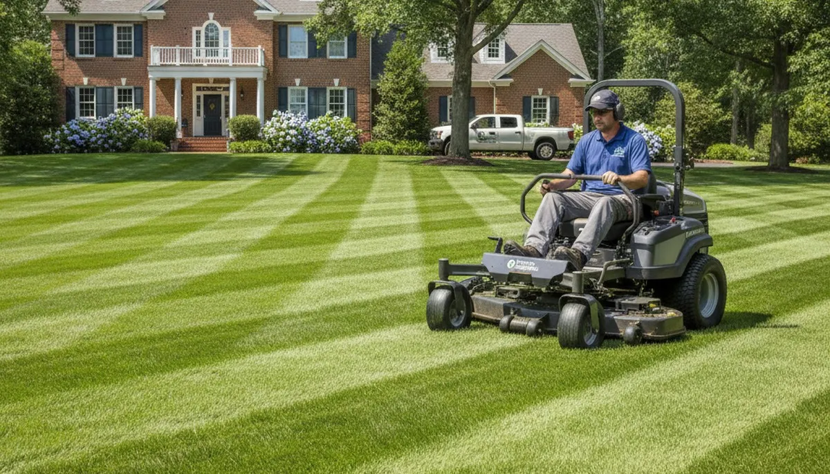 Professional landscaper mowing striped lawn with commercial mower in Baltimore, MD