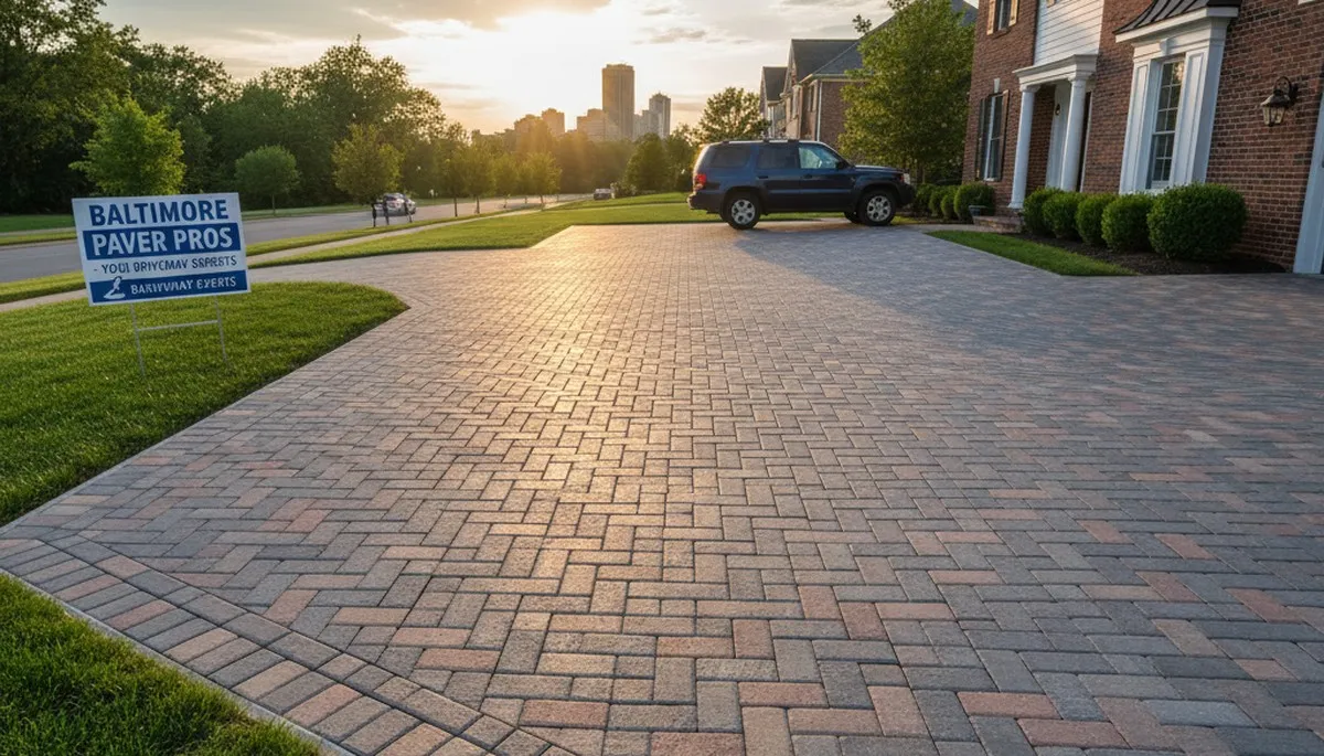 Completed interlocking paver driveway installation by professional landscapers in Baltimore, MD