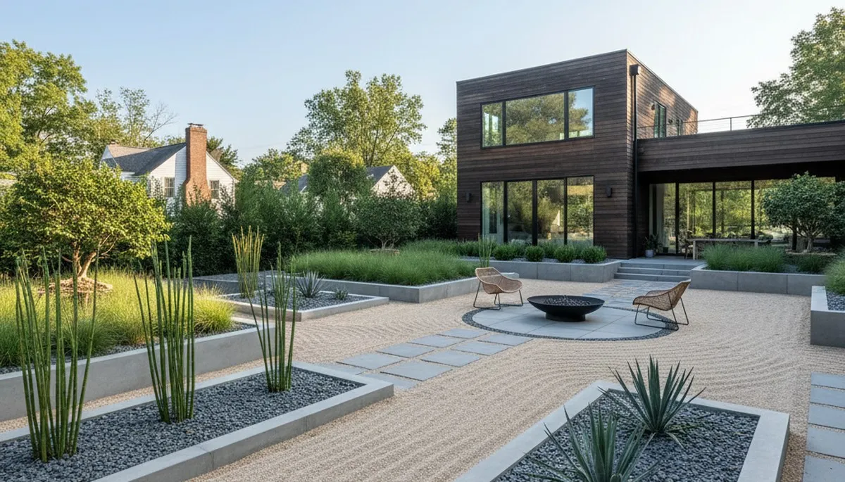 Modern pea gravel landscape design with geometric layout by professional landscapers in Baltimore, MD
