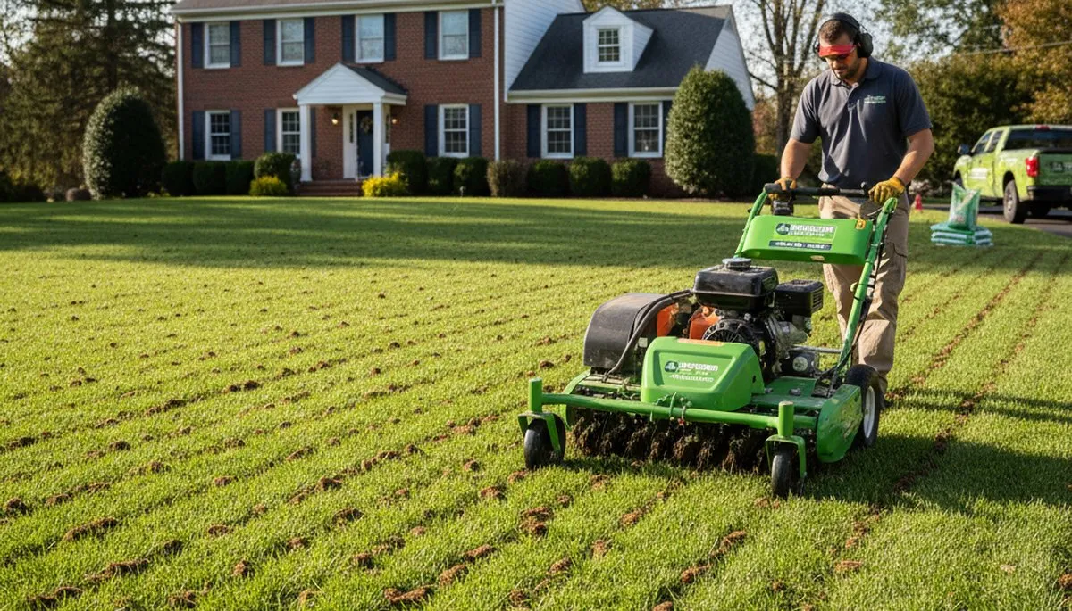 Professional core aeration machine treating lawn soil in Baltimore, MD for improved turf health
