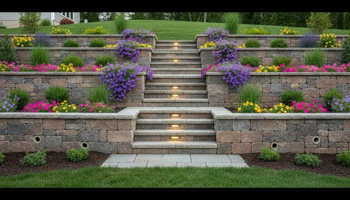 Natural stone retaining wall with tiered plantings and lighting by Baltimore MD landscaping experts