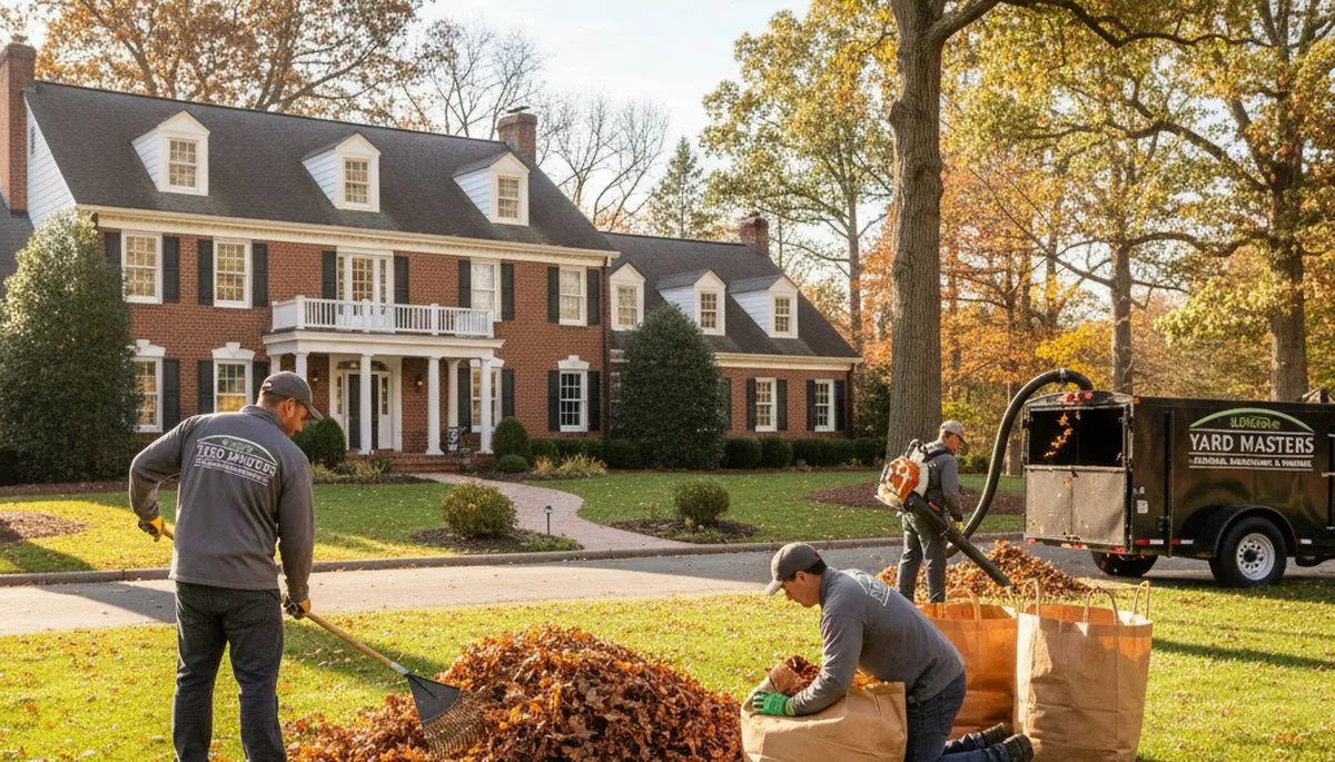 Landscapers performing fall leaf removal and yard clean up at a Baltimore, MD residential property