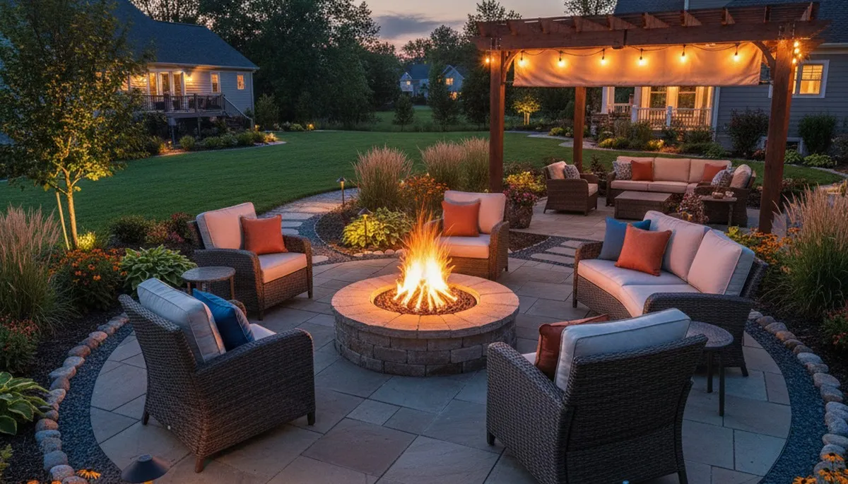 Fire pit patio with seating and flagstone design by Baltimore MD landscaping experts