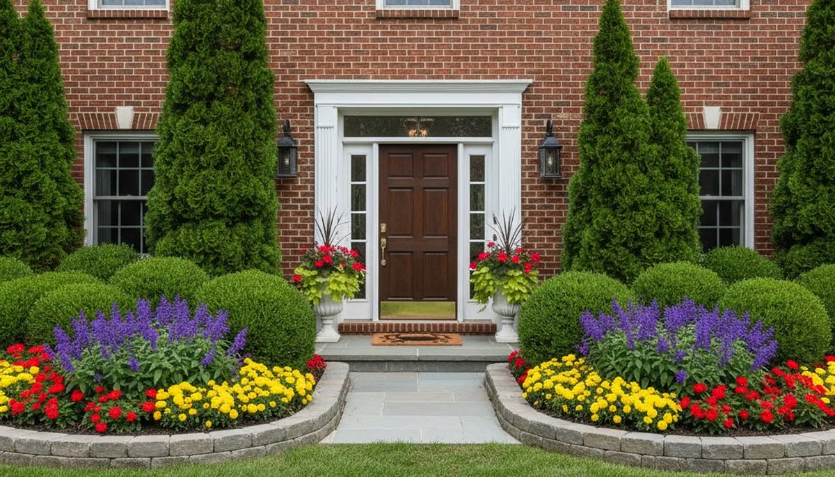Front yard landscaping with colorful plants and shrubs at a Baltimore, MD home by Chop Chop Landscaping