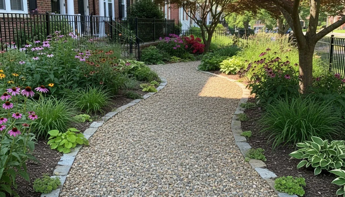 Pea gravel garden pathway with lush landscaping in Baltimore MD by professional landscapers