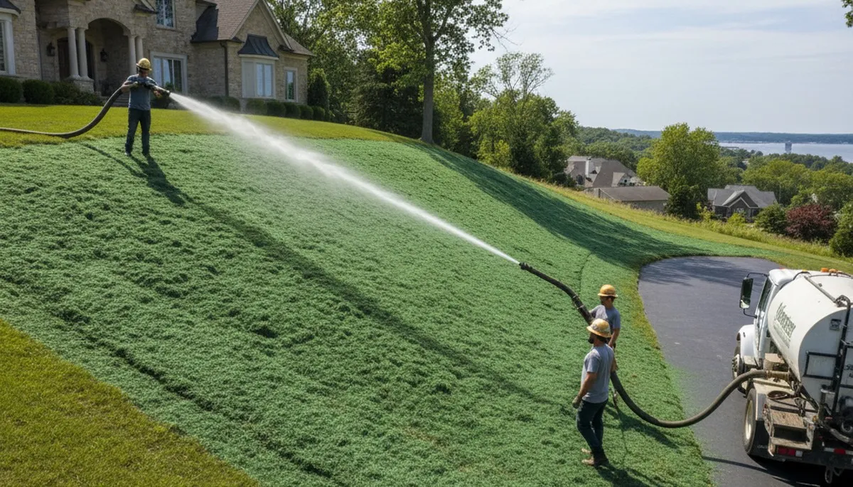 Hydroseeding applied on steep hillside for erosion control by landscapers in Baltimore, MD