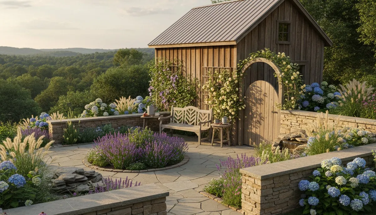 Landscaped shed with garden pathway and native plant design in Baltimore, MD by Chop Chop Landscaping