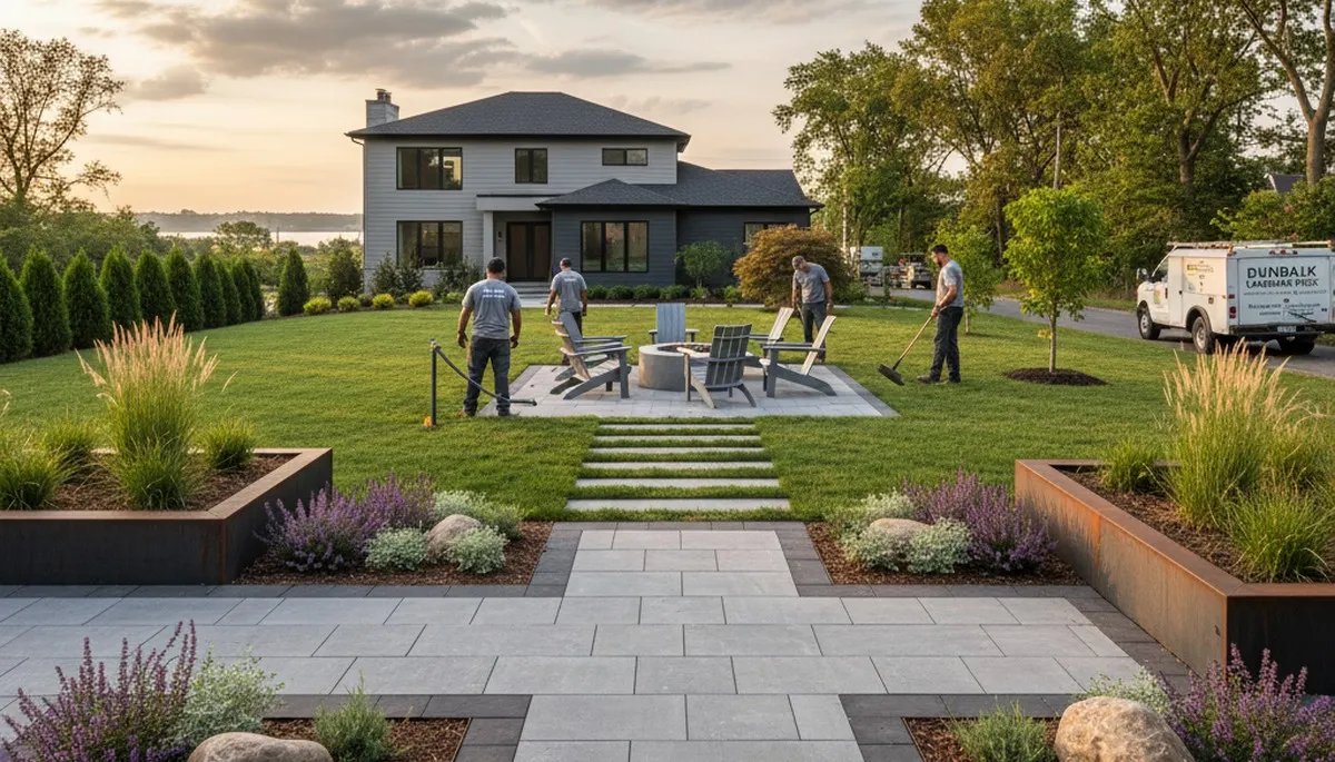 Landscaping crew providing lawn care and hardscaping services in Baltimore, MD