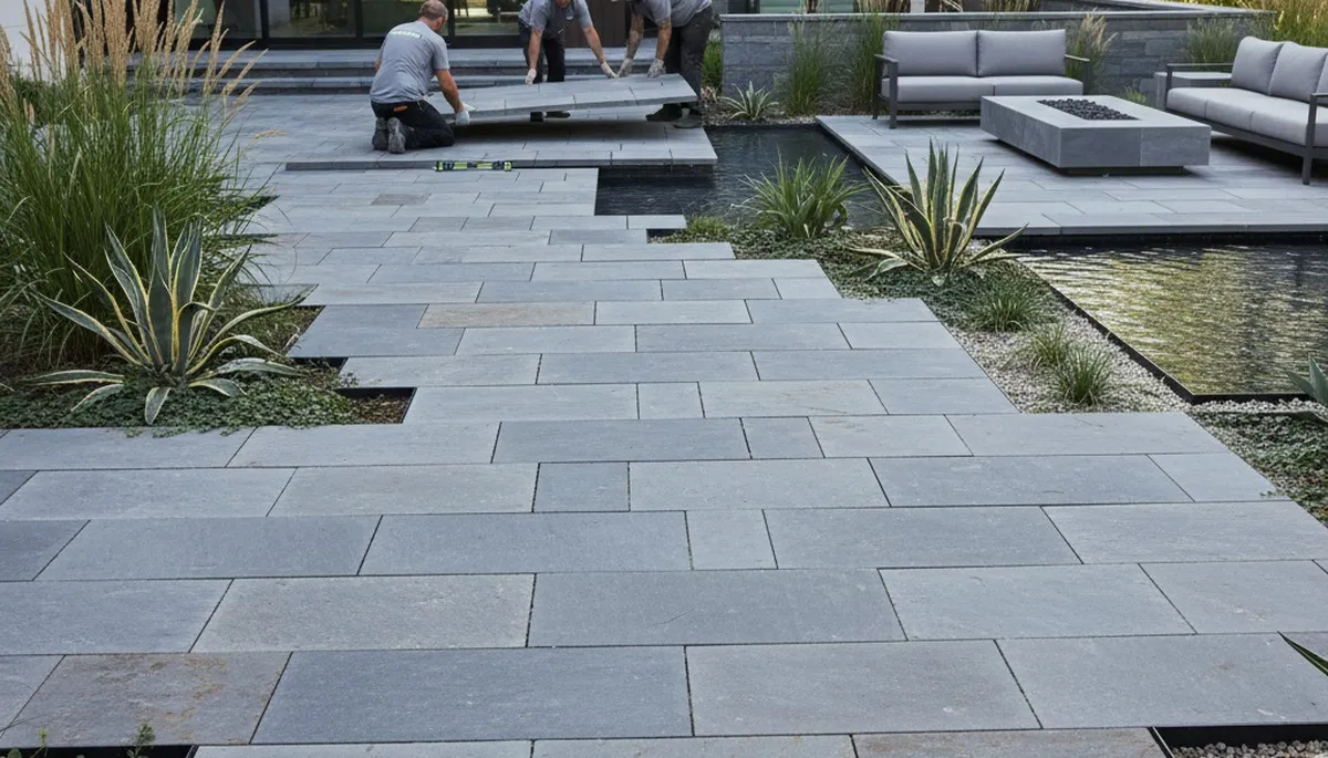Modern large stone slab patio installation by Chop Chop Landscaping in Baltimore, MD