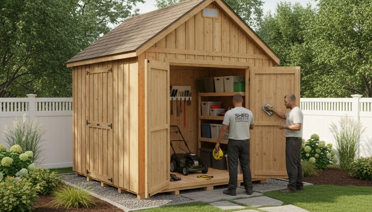 New backyard shed installation with durable foundation by professional landscapers in Baltimore, MD