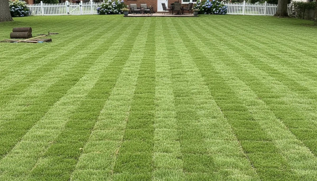 Freshly installed bright green sod lawn by professional landscapers in Baltimore, MD
