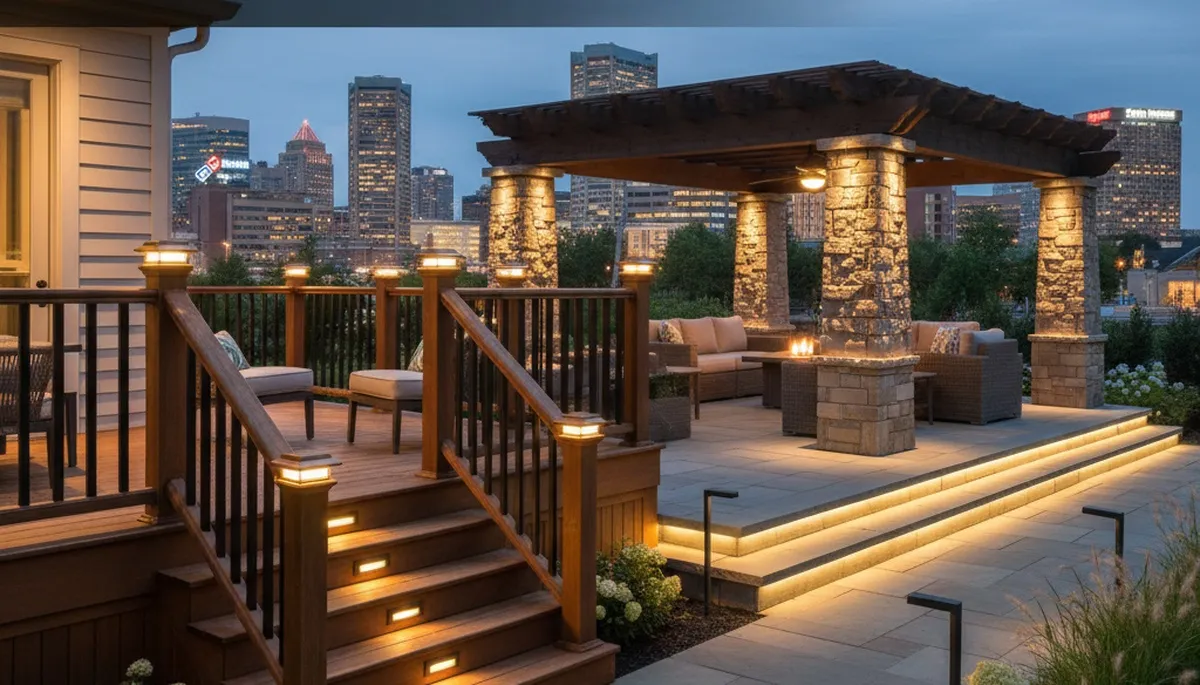 Evening deck and patio lighting by Chop Chop Landscaping in Baltimore, MD enhancing outdoor living spaces