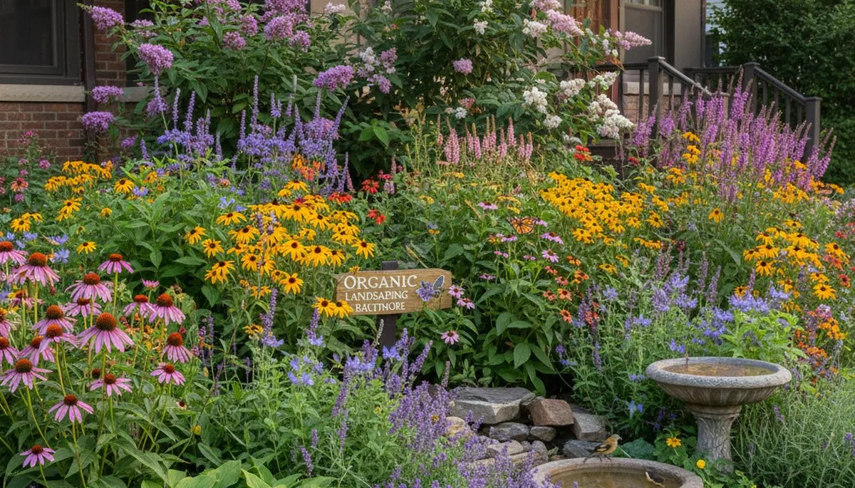 Pollinator-friendly native garden with bee plants and wildflowers by organic landscapers in Baltimore, MD