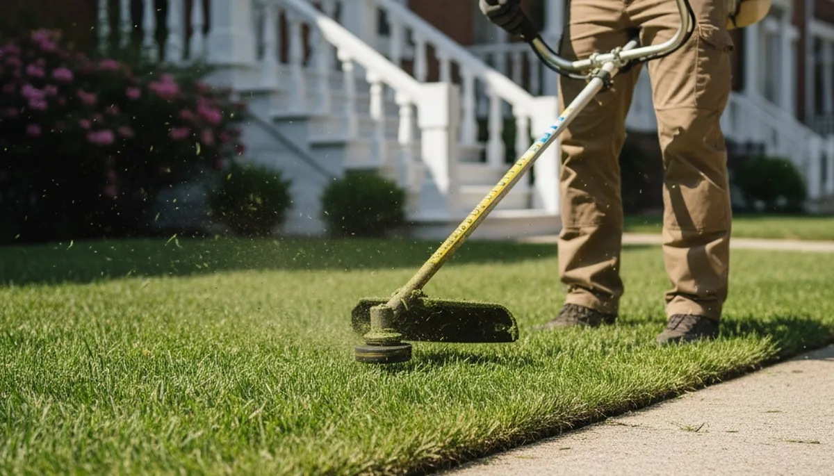 Technician edging lawn with string trimmer in Baltimore, MD for precise, professional landscape finish
