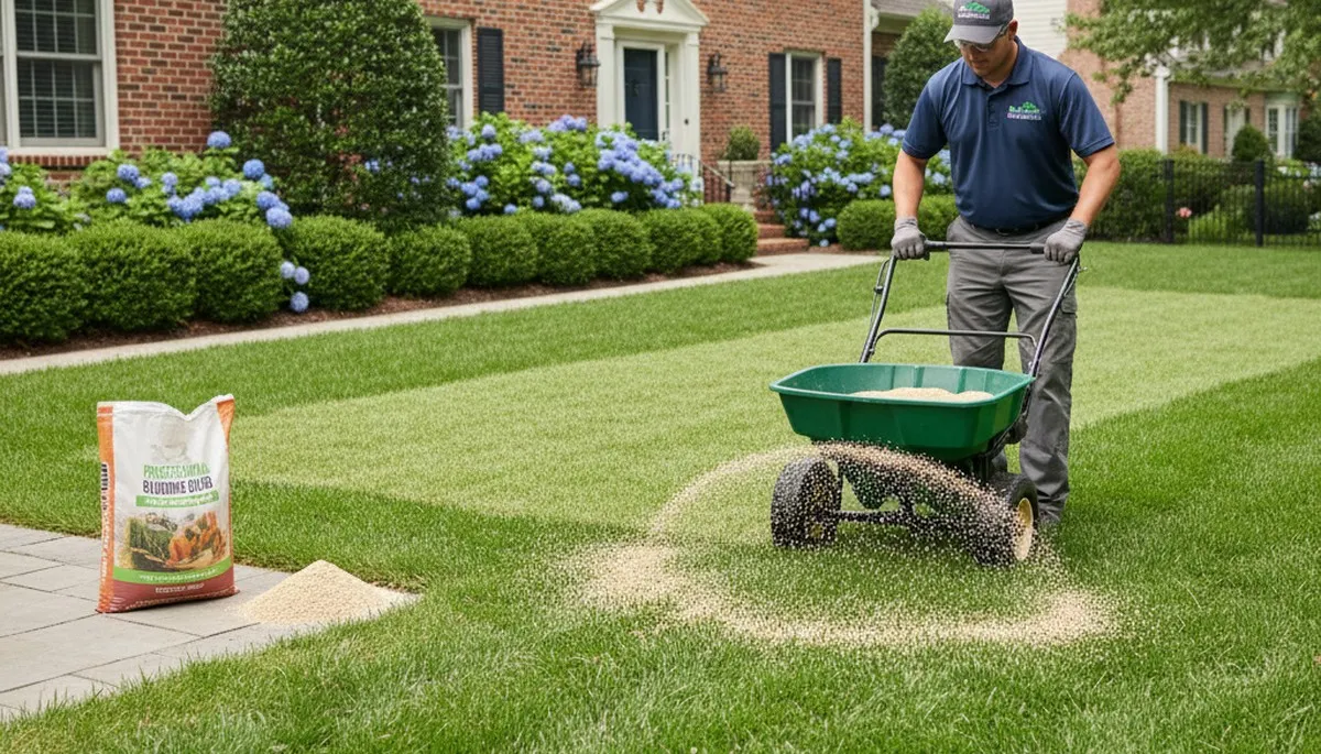 Lawn care technician spreading fertilizer on residential yard in Baltimore, MD for Chop Chop Landscaping