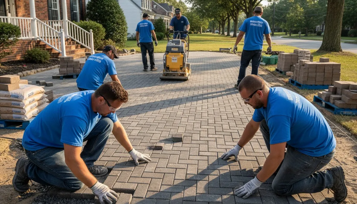 Technicians installing driveway pavers in Baltimore MD with Chop Chop Landscaping quality craftsmanship