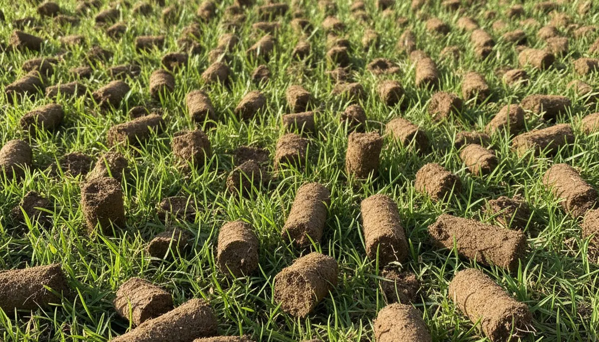 Close-up of soil core plugs after lawn aeration treatment on Baltimore, MD turf by Chop Chop Landscaping