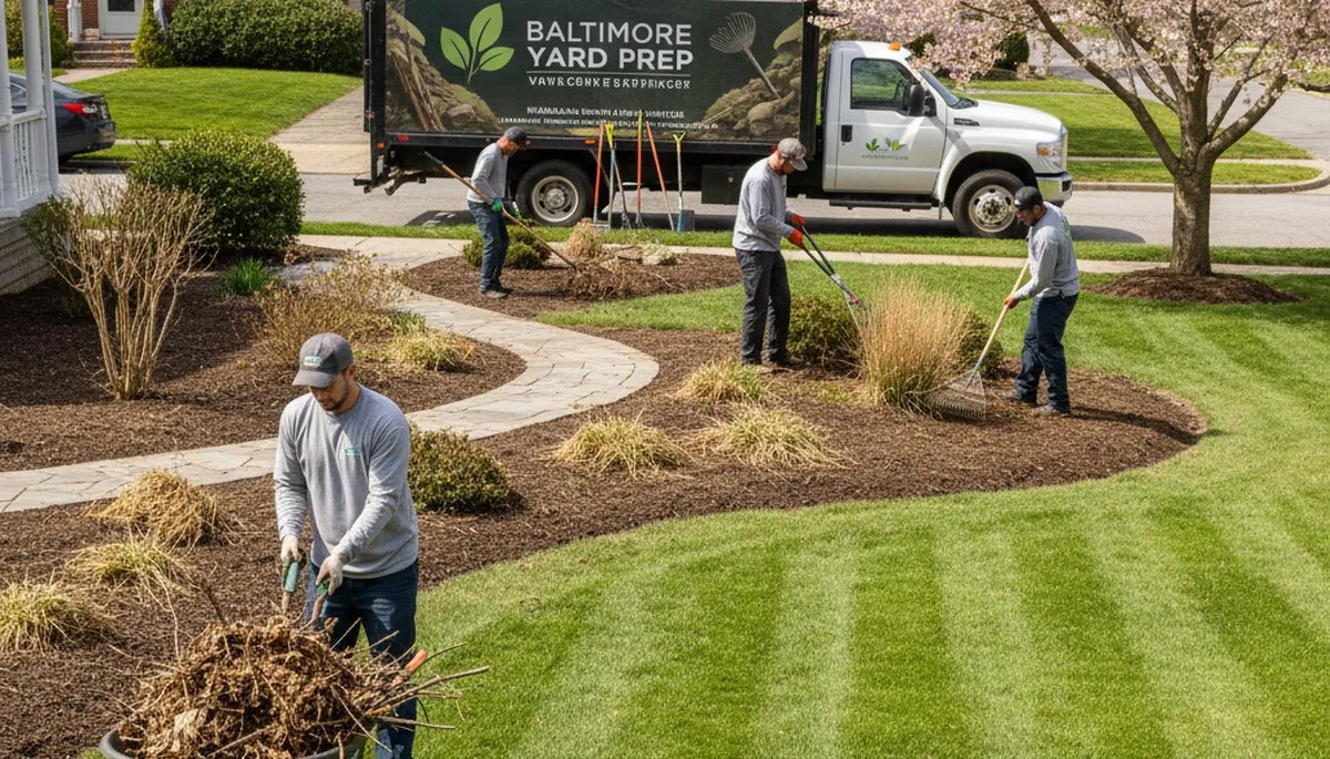 Spring yard clean up and pruning by professional landscapers in Baltimore, MD rejuvenating a residential lawn