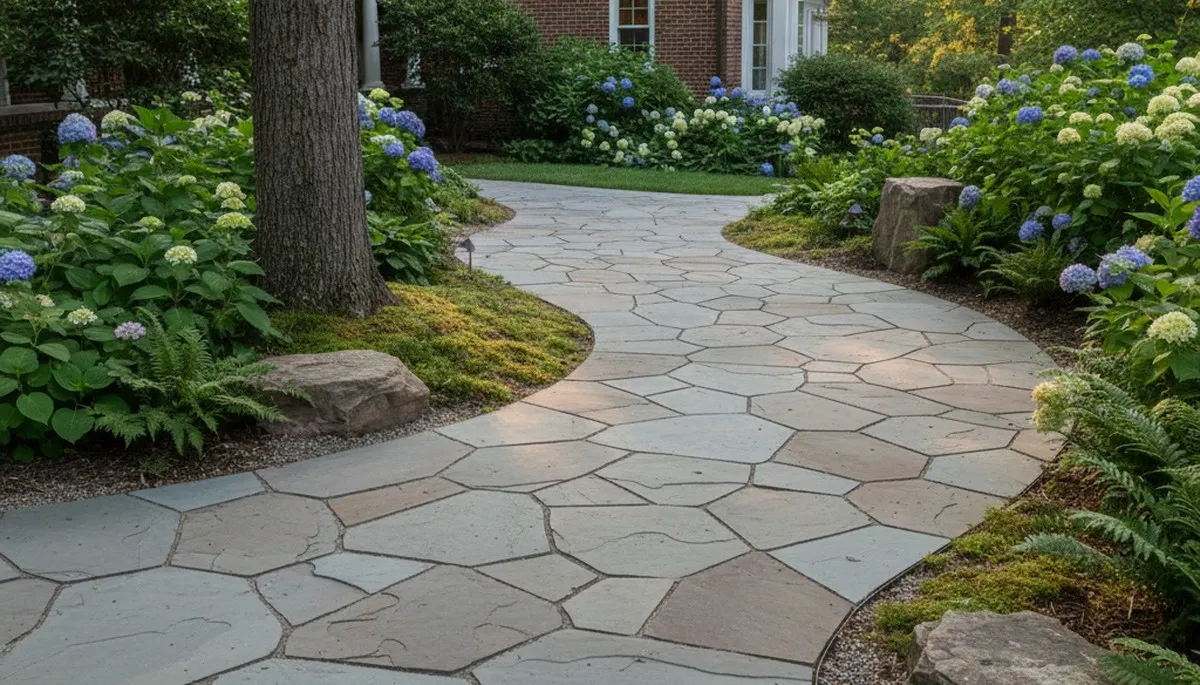Curved stone paver pathway in landscaped Baltimore, MD yard by Chop Chop Landscaping experts