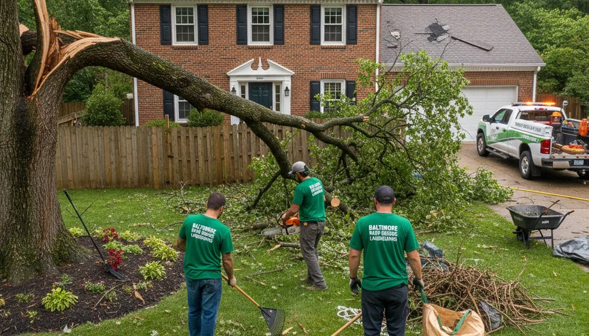 Crew clearing storm debris and fallen branches during yard cleanup in Baltimore, MD landscaping service