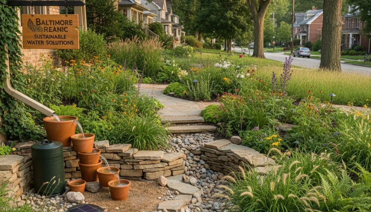 Rain garden with sustainable water management system by organic landscapers in Baltimore, MD